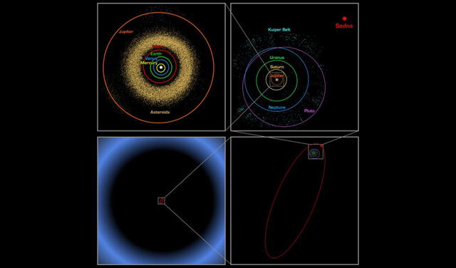En la fila superior, diagrama del sistema solar interior (izquierda) y el sistema solar exterior (derecha). En la fila inferior, la órbita del planeta enano Sedna (derecha) y el borde de la nube de Oort (izquierda). Foto: NASA