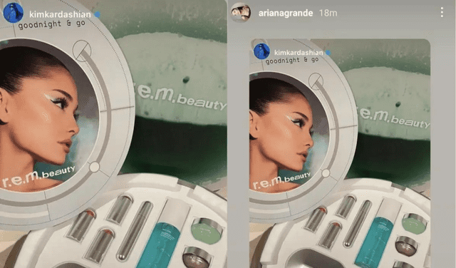 Kim Kardashian publicó foto de los productos de Ariana Grande y la cantante lo reposteó en su cuenta. Foto: Instagram Kim Kardashian/ Ariana Grande