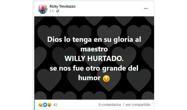 4.6.2021 | El cantante Ricky Trevitazzo lamenta la muerte del cómico Willy Hurtado. Foto: captura Ricky Trevitazzo / Facebook 4.6.2021 | El cantante Ricky Trevitazzo lamenta la muerte del cómico Willy Hurtado. Foto: captura Ricky Trevitazzo / Facebook