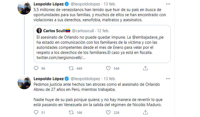 Leopoldo López se sumó a las exigencias de justicia por la muerte de su compatriota en Perú. Foto: Captura Twitter