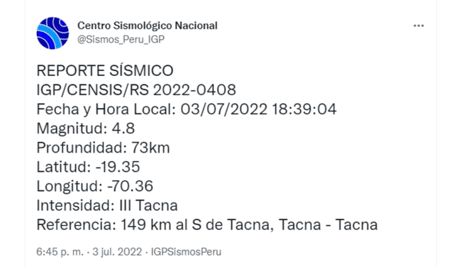 Sismo en Tacna hoy, domingo 3 de julio