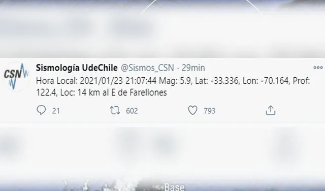 Sismo en Santiago de Chile de magnitud 5,9. Foto: capturaTwitter