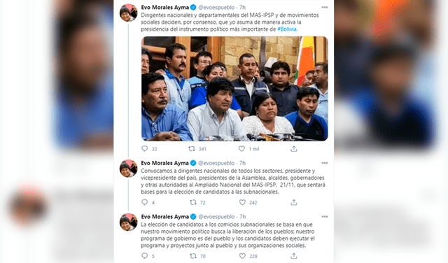 Morales anunció que fue elegido presidente del MAS, días después de haber regresado al país tras casi un año de asilo político. Foto: captura web