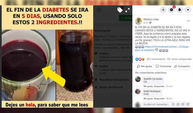 Es falso que una bebida de canela y clavo cure la diabetes en cinco días. Foto: captura en Facebook.