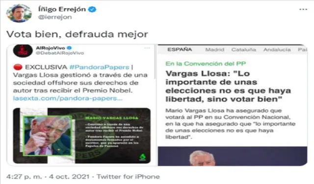 Íñigo Errejón sobre Mario Vargas Llosa y la información desvelada en los Papeles de Pandora. Foto: @ierrejon/Twitter