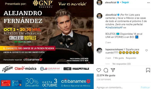 Afiche del concierto de Alejandro Fernández. Foto: Instagram