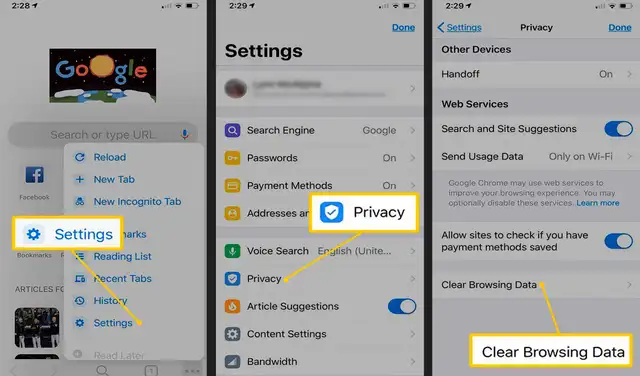 Pasos para eliminar el caché de Chrome en iPhone. Foto: Lifewire