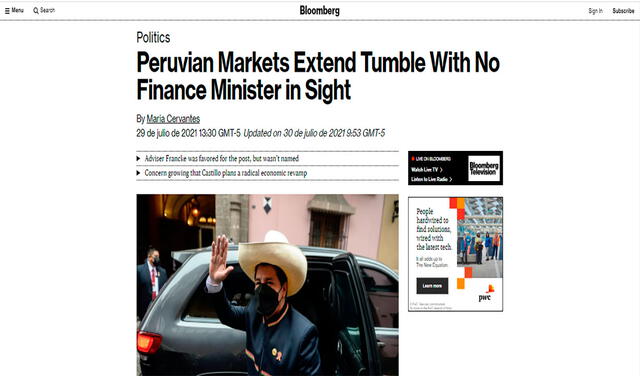 El medio ya había avanzado que estas decisiones de Pedro Castillo tendrían consecuencias inmediatas en la economía. Foto: captura de Bloomberg