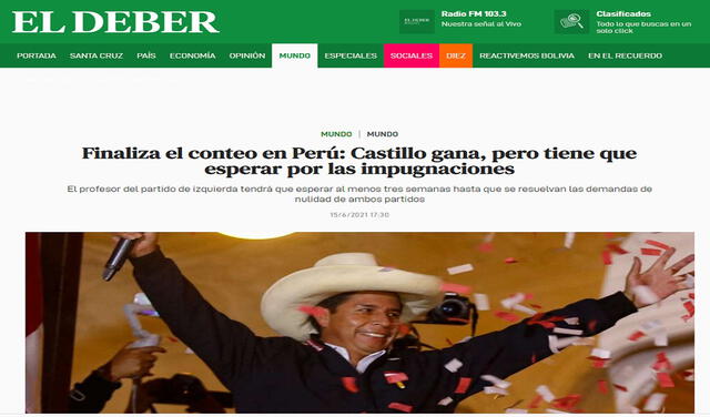"Hasta que se resuelvan las demandas de nulidad de ambos partidos", Pedro Castillo no será proclamado en Perú, apuntó El Deber en Bolivia. Foto: captura de pantalla