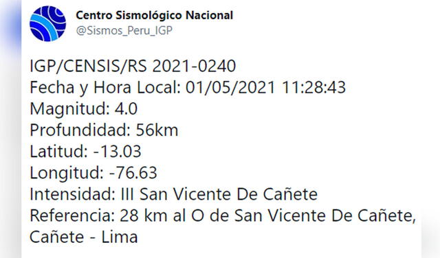 Temblor en Cañete. Foto: IGP / Twitter
