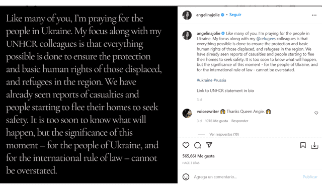 Angelina Jolie redacta un mensaje en contra de la guerra Rusia vs. Ucrania.