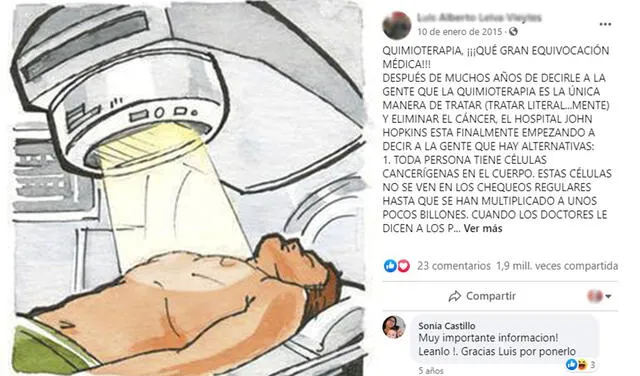 Post “Quimioterapia ¡Qué gran equivocación médica!”. Foto:  captura en Facebook.