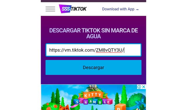 Interfaz de sssTikTok en su versión para móvil. Pega el enlace en la barra del inicio. Foto: captura