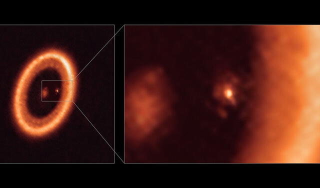 Disco de la estrella (izquierda) y acercamiento al disco del planeta (derecha). Foto: ESO