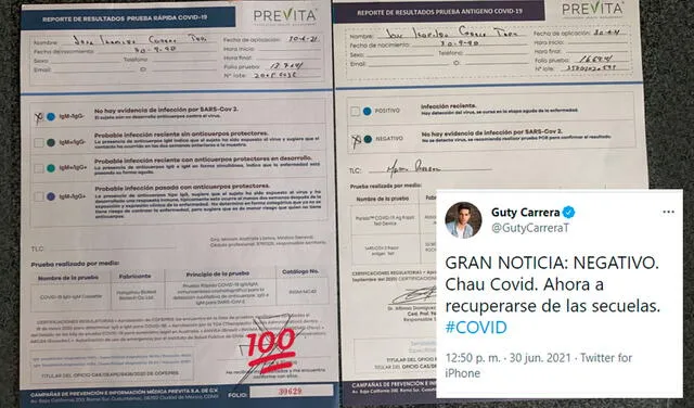 30.6.2021 | Tweet de Guty Carrera con los resultados de su prueba antígeno y anticuerpo. Foto: Guty Carrera  / Twitter