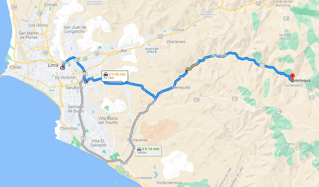 Rutas que puedes seguir para ir de Lima a Antioquía. Foto: Google Maps