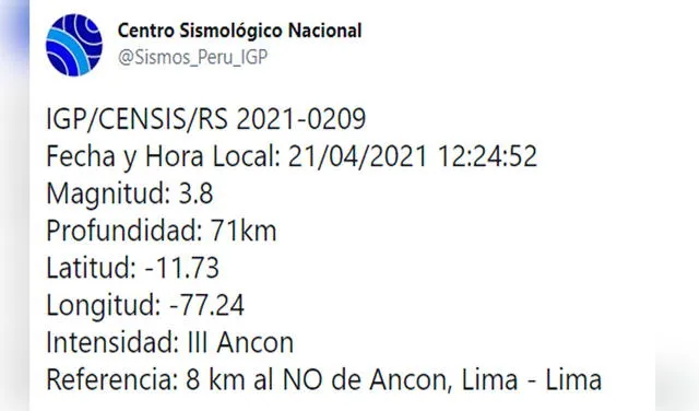 Este es el segundo sismo que se reporta en Lima. Foto: Twitter