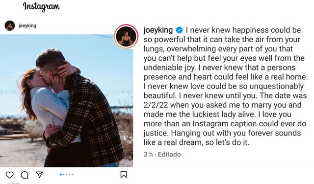 1.3.2022 | Publicación de  Joey King  sobre su compromiso con Steven Piet. Foto: captura  Joey King/Instagram