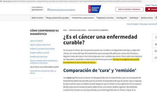 Información sobre el cáncer. Foto: captura en web / Society.