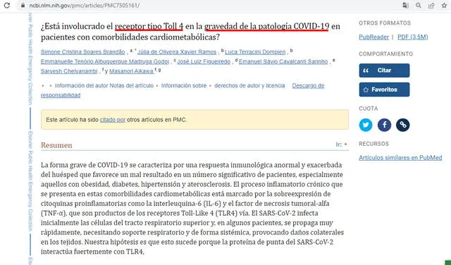 Artículo TLR4 y COVID-19. Foto: captura en página web / NCBI.