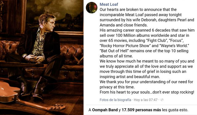 21.1.2022 | Publicación anunciando la muerte del cantante de rock, Meat Loaf. Foto: captura Meat Loaf/Facebook