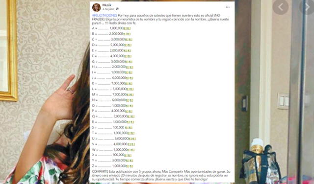 Es falso que la cantante Thalía regale dinero en Facebook: es phishing. Foto: captura en Facebook.