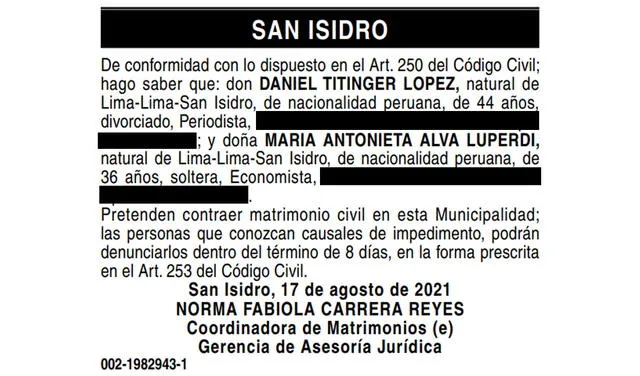 19.8.2021 | Edicto matrimonial sobre  María Antonieta Alva y Daniel Titinger Lopez. Foto: captura El Peruano