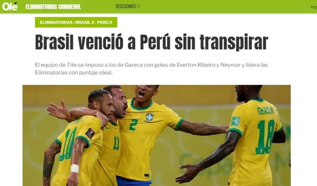 "Brasil lo ganó cómodo, sin hacer grandes esfuerzos", señalaron en el medio argentino. Foto: Olé.