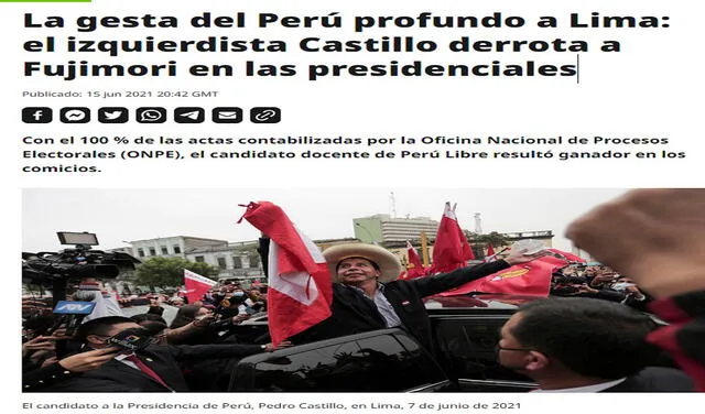 RT en español fue uno de los primeros en reportar la victoria de Pedro Castillo tras el cierre de conteo por parte de la ONPE. Foto: captura de pantalla