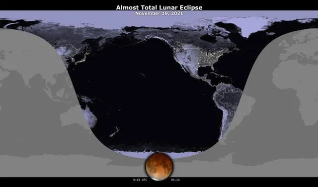 Mapa que indica dónde se verá el eclipse lunar del 19 de noviembre de 2021. Foto: NASA