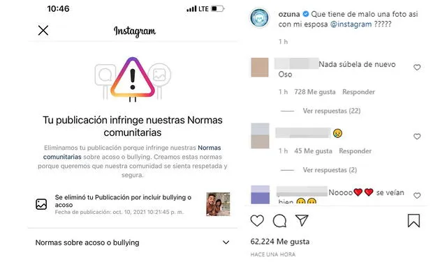 10.10.2021 | Post de Ozuna sobre el mensaje que le envió Instagram por la foto con su esposa Taina Marie Meléndez. Foto: captura Ozuna / Instagram