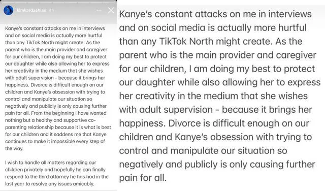 4.2.2022 | Publicación de Kim Kardashian sobre Kanye West. Foto: captura Kim Kardashian/Instagram