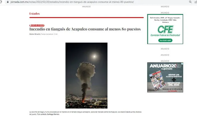 Artículo con la foto de la humareda. Foto: captura en web / La Jornada.