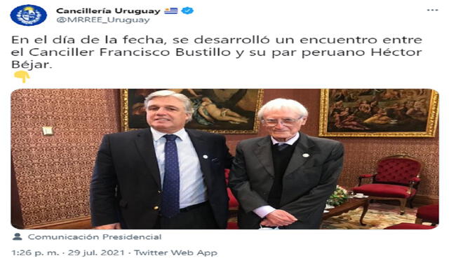 La Cancillería uruguaya también se refirió a Héctor Béjar como "par peruano" de Francisco Bustillo. Foto: @MRREE_Uruguay/Twitter
