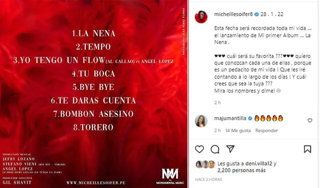 23.1.22 | Publicación de Michelle Soifer revelando la fecha y lista de canciones de La Nena. Foto: captura Michelle Soifer/Instagram