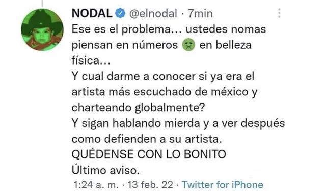 13.2.2022 | Tuit de Christian Nodal dirigido a los fans de Belinda.  Foto: captura Twitter