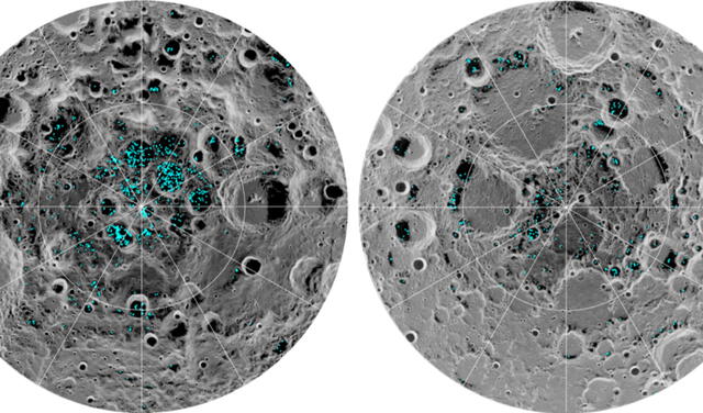 Distribución del agua en los polos de la Luna. A la izquierda, el polo sur y, a la derecha, el polo norte. Foto: NASA