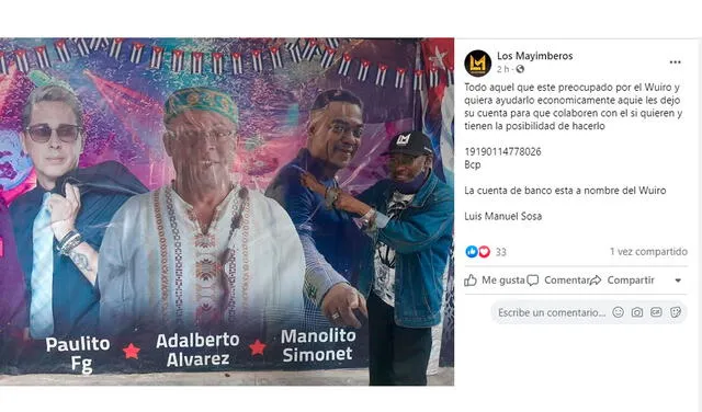 20.1.2021 | Post de Los Mayimberos en favor del exintegrante Luis Manuel Sosa. Foto: captura Los Mayimberos | Facebook