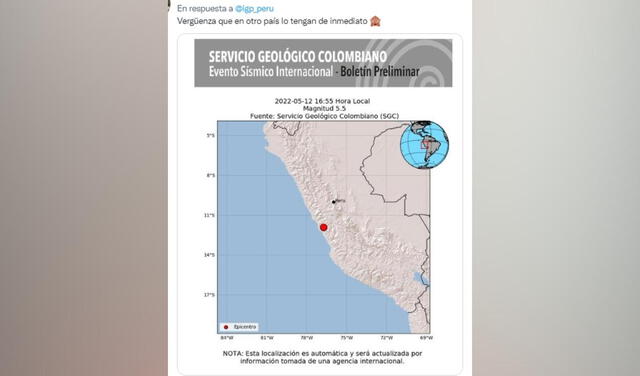 IGP tarda en publicar el reporte del sismo y usuarios lo critican en redes sociales. Foto: captura de Twitter