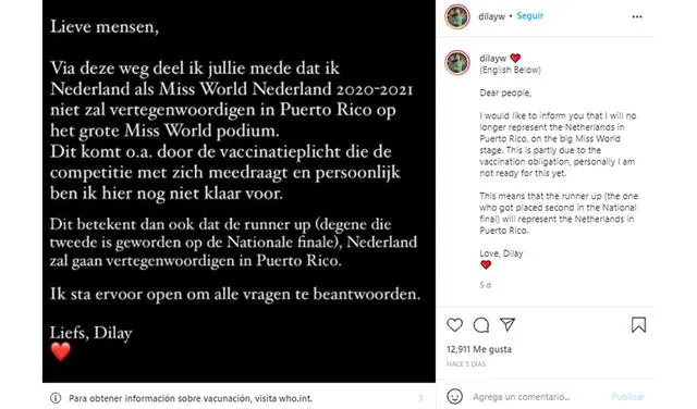 5.10.2021 | Post de Dilay Willemstein anunciando que no participará en Miss World. Foto: Dilay Willemsteini / Instagram