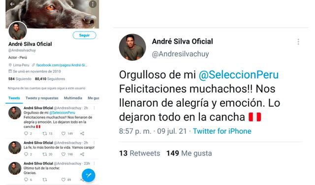 9.7.2021 | Tweet de André Silva tras resultados de Perú- Colombia en la Copa América 2021. Foto: captura André Silva / Twitter