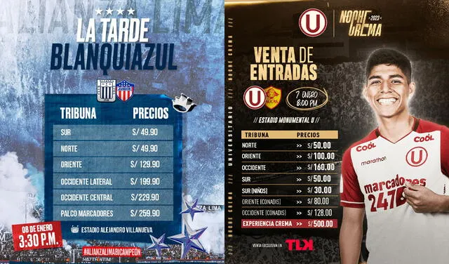 Costos de las entradas a la Tarde Blanquiazul y Noche Crema. Foto: composición LR/Alianza Lima/Universitario