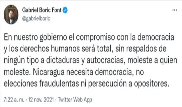 Gabriel Boric criticó recientemente a Daniel Ortega tras su polémica reelección en Nicaragua. Foto: @gabrielboric/Twitter