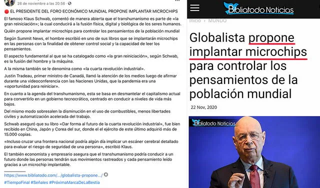 Publicación viral afirma que el presidente del Foro Económico Mundial ha propuesto implantar microchips "para controlar los pensamientos" de las personas. Foto: captura de Facebook