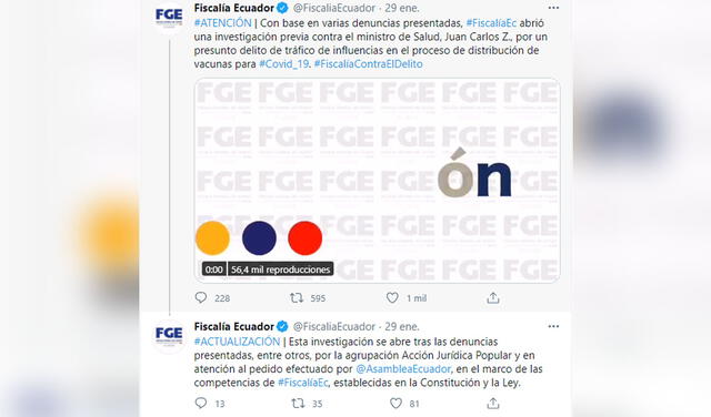 Tuit de la Fiscalía General de Ecuador cuando anunció el inicio de la investigación contra el ministro Zevallos. Foto: captura/Twitter