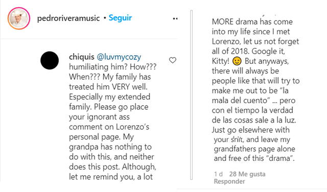 19.9.2020. Respuesta de  ‘Chiquis’ Rivera a crítica recibida en el perfil de su abuelo,  Don Pedro Rivera. Crédito: captura instagram