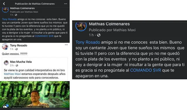 12.8.2021| Post de Mathias Colmenares respondiendo a Tony Rosado. Foto: captura Mathias Colmenares / Facebook