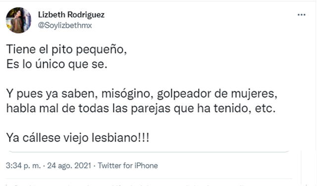 24.8.2021 | Tuit de Lizbeth Rodríguez  sobre los comentarios de Alfredo Adame en Amor y fuego. Foto: captura Lizbeth Rodríguez / Twitter