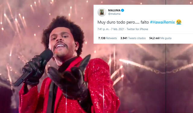 7.2.2021 | Tweet de Maluma sobre la presentación de The Weeknd. Foto: captura  Maluma / Twitter