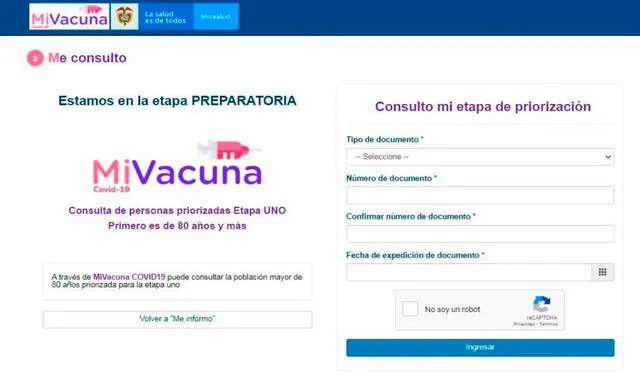 Sección 'Me Consulto' de Mi Vacuna. Foto: captura de mivacuna.sispro.gov.co/El Colombiano